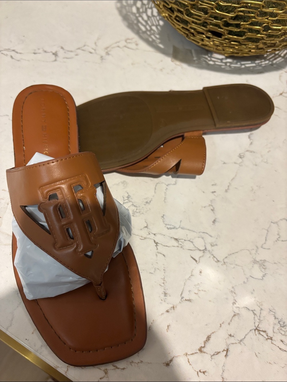Tommy Hilfiger Cognac Brown Leather Logo Toe-Post Sandals
